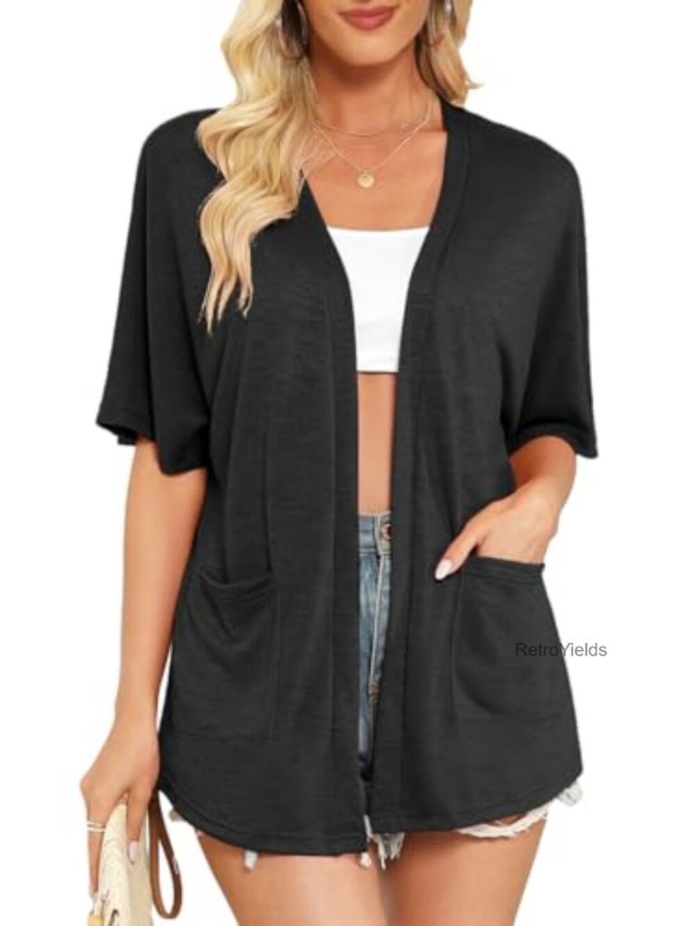 Lightweight Polyester Rayon Open Front Short Sleeve Cardigan with Pockets